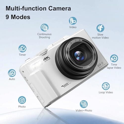 4K Digital Camera for Photography, 64MP Vlogging Camera for YouTube with 3" 180° Flip Screen, 18X Digital Zoom Point and Shoot Camara with 32GB Micro SD Card for Beginner (White) 4