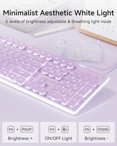 SEUNKWANG EWEADN GX710S Backlit Computer Keyboards, Wired USB Keyboard with White Backlit, Metal Panel, Plug and Play, Pudding Keycaps Full Size Quite Computer Keyboard for Win/PC/Laptop-Purple 3