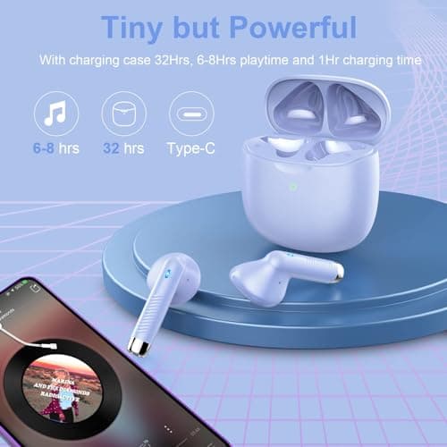 Wireless Earbuds, Bluetooth 5.4 Earbuds Stereo Bass, Bluetooth Headphones in Ear Noise Cancelling Mic, Earphones IP7 Waterproof Sports, 32H Playtime USB C Charging Case Purple Ear Buds for Android iOS 5