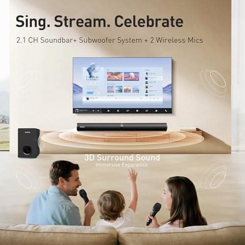 Karaoke Soundbar with Subwoofer for TV: Sound Bar with 2 Wireless Microphones - Home Theater Surround Sound System - Bluetooth Speaker with Remote Supports HDMI ARC/Optical/AUX/USB for TV/PC 2