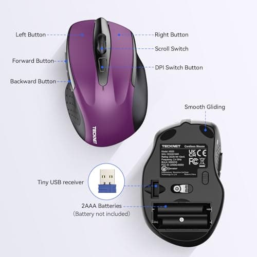 TECKNET Wireless Mouse, 2.4G Ergonomic Optical Mouse, Computer Mouse for Laptop, PC, Computer, Chromebook, Notebook, 6 Buttons, 24 Months Battery Life, 2600 DPI, 5 Adjustment Levels 5
