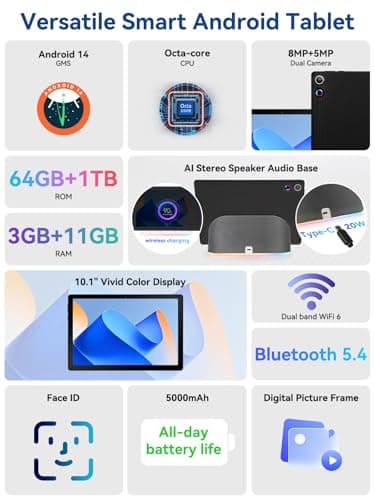 2025 Upgraded Android Tablet with Charging Speaker Dock, 2 Years Protection, Otca-Core CPU, 14GB+64GB Storage with 1TB Expansion, WiFi 6, BT5.3, Google Tablet, US Version 2