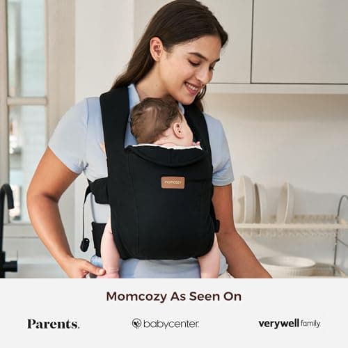 Momcozy Newborn Carrier WeeSnug- Lightweight and Cozy Comfort for 7-25 lbs, Ergonomic Cross-Back Support, Effortless to Put On, Hands-Free Baby Carrier with Lumbar Support, Black 4