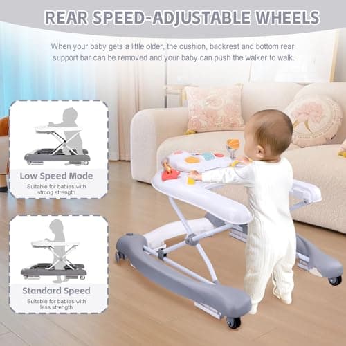 5 in 1 Foldable Baby Walker, Activity Baby Walker-Baby Bouncer, Rocker, Activity Center,Seat and Push Walker,Detachable Trampoline Mat, Adjustable Speed Rear Wheels and Height,Ages 6-18 Months(Grey) 5