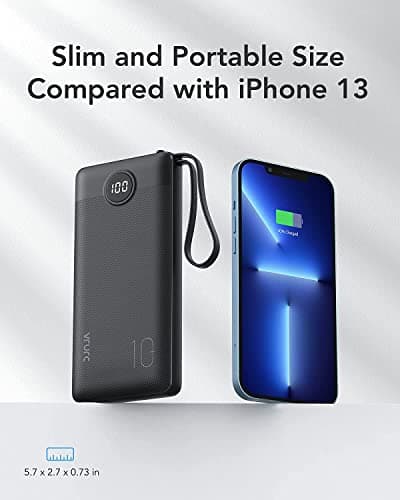 VRURC Portable Charger with Built in Cables, Slim Power Bank 10000mAh, USB C Battery Pack Travel Essential, 5 Outputs 2 Inputs Phone Charging Bank for iPhone 16 15 14 13,Samsung,Android-Black(1 Pack) 5