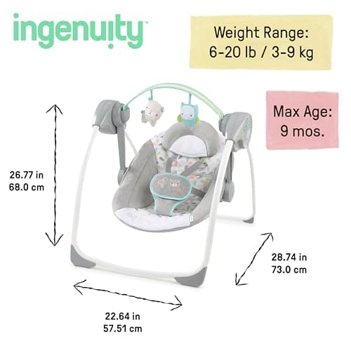 Ingenuity Comfort 2 Go Compact Portable 6-Speed Cushioned Baby Swing with Music, Folds Easy, 0-9 Months 6-20 lbs (Fanciful Forest) 3