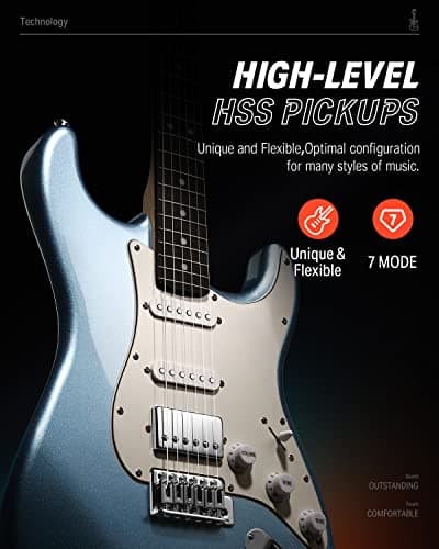 Donner DST-152R Electric Guitar, 39" Beginner Electric Guitar Kit, HSS Pickup with Coil Split, Guitar Starter Set with Amp, Bag, All Accessories, Metallic Ice Blue 4