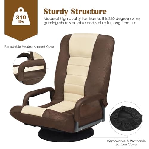 Giantex Floor Gaming Chair, 360 Degree Swivel Floor Chair w/Armrests, 6 Adjustable Position, Padded Backrest, Folding Floor Rocker for Games, Lazy Sofa Lounger, Brown/Beige 3