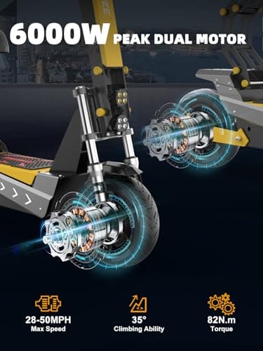 50MPH Electric Scooter Adults 6000W Dual Motor, 60V 35Ah Battery, Max 55Miles Fast Sports Escooter, 11" Foldable Off-Road E Scooter with Dual Hydraulic Brakes & Full Suspension (with Seat, Yellow) 3