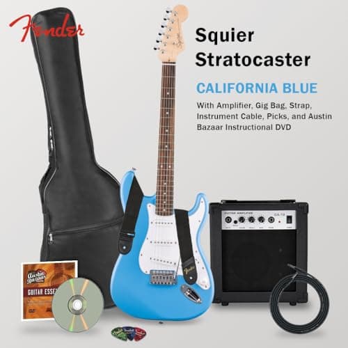 Fender Squier Stratocaster - California Blue Bundle with Amplifier, Gig Bag, Strap, Instrument Cable, Picks, and Austin Bazaar Instructional DVD 2