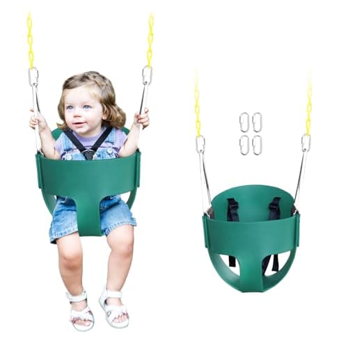 High Back Full Bucket Toddler Swing Seat with 3- Point Adjustable Safety Harness, 66 inch Detachable Chain,Suitable for Babies Aged 6-24 Months，Baby Swing for Swingset (Green)