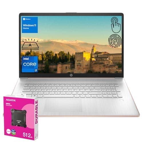 HP Premium 17.3" Laptop, 17.3" HD+ Touchscreen, Intel Core i7-1355U, 64GB RAM, 2TB SSD, Webcam, HDMI, Backlit KB, FP Reader, Wi-Fi 6, Win 11 H, Pale Rose Gold, ADATA 512 External SSD Bundle