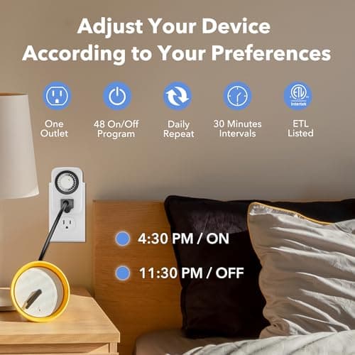 HBN Indoor Mini 24-Hour Mechanical Outlet Timer, for Electrical Outlets, 30 Minute Intervals, 3-Prong, 2-Pack, Light Timer for Indoor Lighting, ETL Listed 4