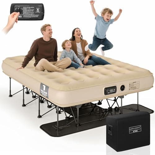 Simpli Comfy Queen EZ Bed Self-Inflating Air Mattress with Built-in Frame, Pump and Wheeled Case, Blow Up Inflatable Rolling Air Bed on Wheels