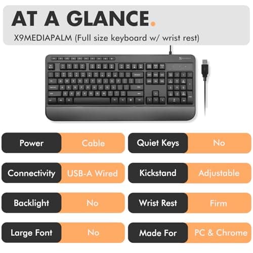 X9 Wired Keyboard - Comfortable Typing - Ergonomic Full Size USB Keyboard with Wrist Rest, Number Pad, Multimedia and 114 Keys - External Computer Keyboard for Laptop, Desktop and Office PC 4