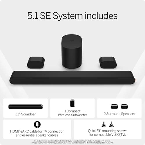 VIZIO 5.1 Soundbar SE, Wireless Subwoofer, Surround Sound w/Dolby Atmos & DTS:X, Bluetooth Speaker, QuickFit™ Compatible – SV510X-08 (New, 2024 Model) 3