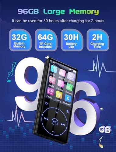 96GB MP3 Player with Bluetooth 5.0: Portable Lossless Sound Music Player with HD Speaker,2.4" Screen Voice Recorder,FM Radio,Touch Buttons,Support up to 64GB for Sport(Earphones&64GB TF Card Included) 2