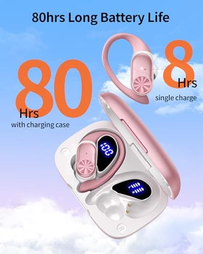 PocBuds Bluetooth Headphones Wireless Earbuds 80hrs Playtime Wireless Charging Case Digital Display Sport Ear Buds with Earhook Deep Bass IPX7 Waterproof Over-Ear Earphones for Phone Laptop Rose Gold 2