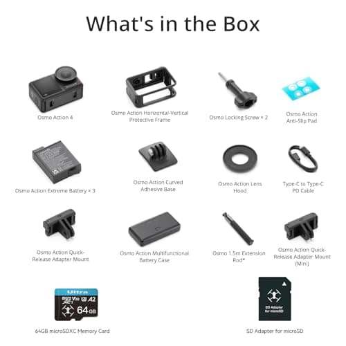 DJI Osmo Action 4 Adventure Combo, with 64GB Card, Action Camera 4K with 1/1.3" Sensor, 12h Extended Battery Life with 3 Batteries, Dual OLED Touchscreens, Mini Action Camera for Travel, Vlog 5