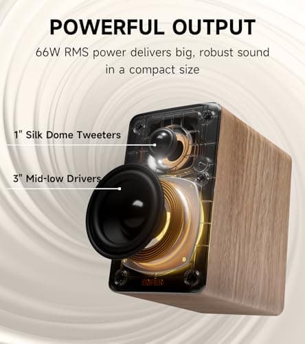 Edifier M60 Multimedia Speaker Bluetooth 5.3, 66W RMS, Hi-Res Audio & Hi-Res Wireless Audio, LDAC,3" Mid Bass & 1" Tweeter, USB-C & Aux Inputs, Compact Desktop Speaker – Classic Oak 3