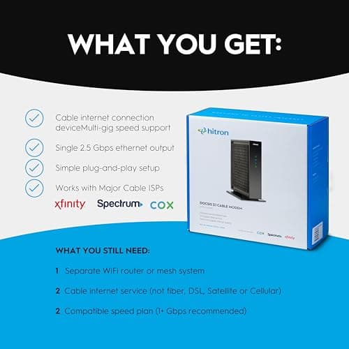 Hitron CODA56 Multi-Gigabit DOCSIS 3.1 Modem (Black) | 2.5 Gbps Max Internet Speeds | Certified with Xfinity, Charter Spectrum, Cox | 2.5 Gbps Cable Modem ONLY | No Built-in WiFi 2