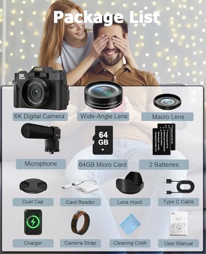 FLATIC Cameras for Photography, 6K 64MP Digital Camera with WiFi & Microphone for Youtuber, 16X Zoom Vlogging Camera with 180°Flip Screen, 64GB Card, 2 Batteries, Macro & Wide-Angle Lens, Card Reader 5
