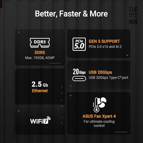 ASUS TUF Gaming B850-PLUS WiFi AMD AM5 B850 ATX Motherboard, 14+2+1 80A Stages, AI Ready, DDR5, PCIe 5.0, 3X M.2, Wi-Fi 7, 2.5Gb LAN, DisplayPort, HDMI™, USB 10Gbps & 20Gbps Type-C®, BIOS Flashback™ 5