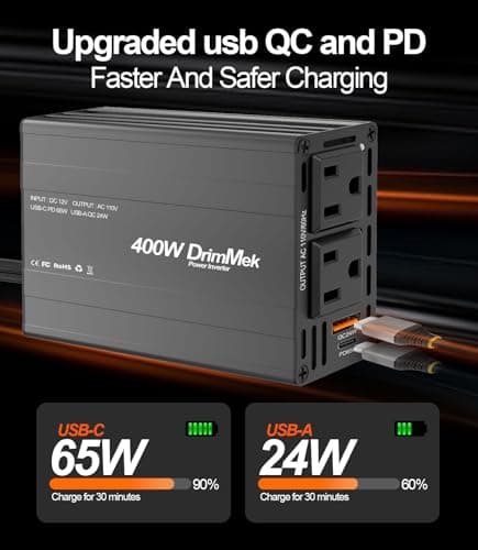 400W Car Power Inverter - Dual DC 12V to 110V AC Car Plug Adapter Outlets, Fast Charging USB C 65W & 24W Port, Power Inverters for Vehicles, Laptop Car Charger, Road Trips 3