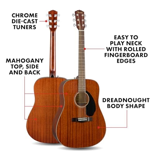 Fender Acoustic Guitar, CD-60S, with 2-Year Warranty, Dreadnought Classic Design with Rounded Walnut Fingerboard, Glossed Finish, All-Mahogany Construction 4
