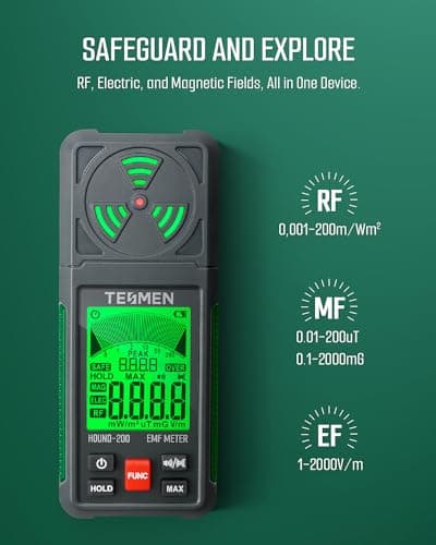 TESMEN EMF Meter, Hound-200 EMF Detector: 3-in-1 Portable Electromagnetic Field Radiation Detector for EF, RF, MF, WiFi Signal, Suitable for Home, Office EMF Inspections and Ghost Hunting - Green 3