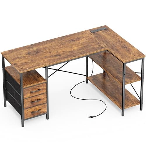Huuger L Shaped Office Desk with Power Outlets, 47 Inch Computer Desk with 3 Drawers, Shelves, for Gaming, Corner Work, Home Office, Study, Rustic Brown