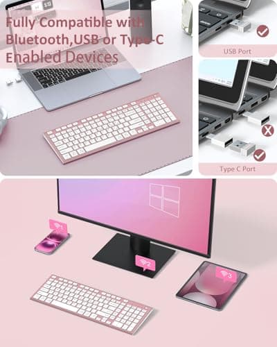 FENIFOX Wireless Keyboard, Bluetooth & 2.4G USB & USB-C Rechargeable Silent Ultra Quiet Low Profile Compact Full Size with Number Pad Soft Multi Device for Mac MacBook Windows PC - Pink & Rose Gold 3