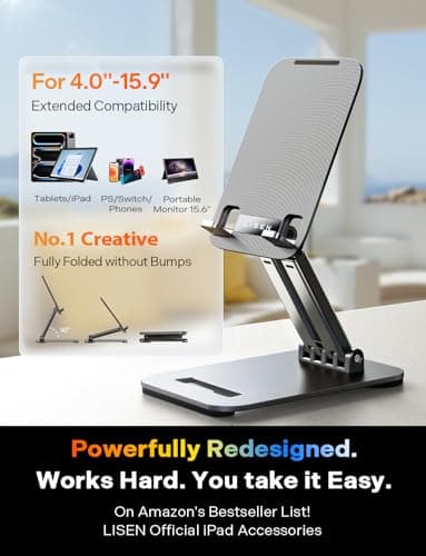 LISEN for iPad Stand Tablet Holder for Desk- Foldable Office Gifts for Men Women Desk Accessories, Home Gadgets Essentials Portable Monitor Stand for iPad a16 Accessories Bed Kindle Fire 4-15.9" 2