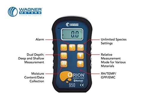 Orion® 950 Pinless Wood Moisture Meter by Wagner Meters I Accurate, Non-Damaging, Dual Depth Lumber Moisture Measurement, Bluetooth, Auto EMC, GPP/GPK & Dew Point Calculations (Standard Calibrator) 4
