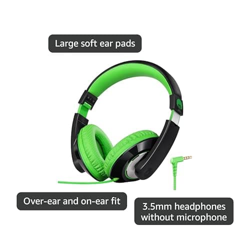 rockpapa Comfort Kids Headphones for School, Lightweight Childrens Boys Girls Teens Over-Ear Headphones Wired 3.5mm for CD DVD Player Tablet Phone Travel Black/Green 2
