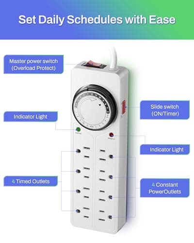 BN-LINK 8 Outlet Surge Protector with Mechanical Timer (4 Outlets Timed, 4 Outlets Always On) - White 2