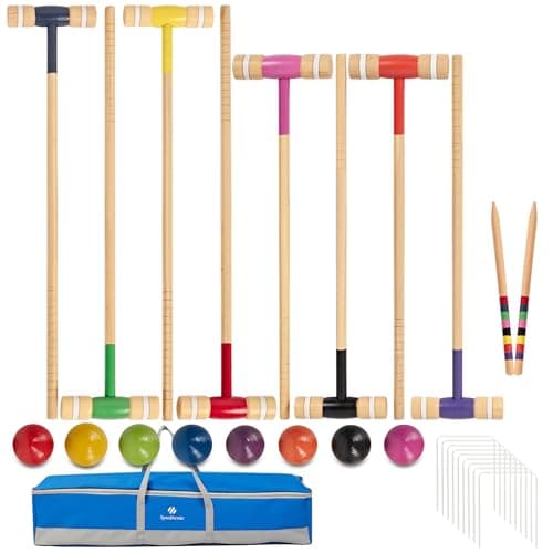 SpeedArmis 8 Players Croquet Set with 32In Regulation | 28In Standard Size Rubber Wood Mallets, Colored PE Ball, Wickets, 21In End Stakes - Lawn Backyard Game Kit for Teens/Adults/Family