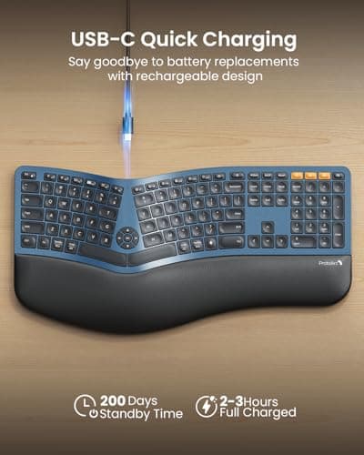 ProtoArc Backlit Bluetooth Ergonomic Keyboard, EK01 Plus Full Size Wireless Split Keyboard with Dual Bluetooth and USB, Cushioned Wrist Rest, Rechargeable, Compatible with Windows/Mac/Android, Blue 4