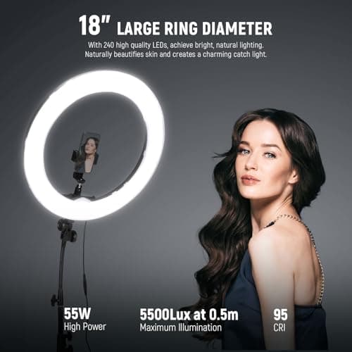 NEEWER Ring Light 18inch Kit: 55W 5600K Professional LED with Stand and Phone Holder, Soft Tube & Bag for Tattoo Lash Extension Barber Makeup Artist Studio Video Photography Lighting, RL-18 3