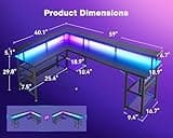 ODK 59" L Shaped Gaming Desk with Power Outlet and LED Lights, PC Gaming Table with USB Ports, Reversible L Shape Desk with Storage Shelves & Monitor Stand, Home Office Desk, Black Carbon Fiber 3