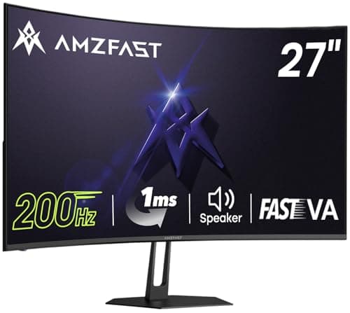 Amzfast 27 inch 200Hz Curved Gaming Monitor, FHD 1080P Computer Monitor with Built-in Speakers, MPRT 1ms with Fast VA Panel | 130% sRGB, 3000:1,1500R | 12 Months Warranty Exchange