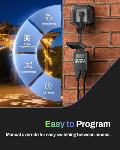 BN-LINK 7 Day Outdoor Heavy Duty Digital Programmable Timer, Outdoor Timer Outlet Waterproof, 2 Grounded Electrical Outlets for Christmas Lights, 15A 1/2HP,ETL Listed 3