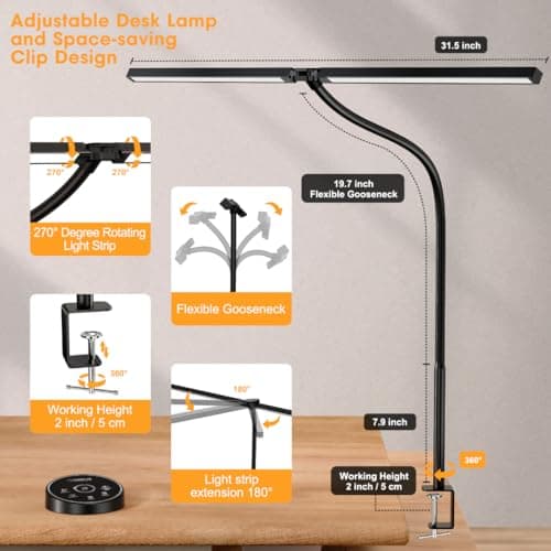 Pzloz Led Desk Lamp for Office Home - Eye Caring Architect lamp with Clamp,Dual Screen Computer Monitor Work Smart Light: 24W 5 Color Flexible Adjustable Lighting Table Lamp for Study Drafting 5