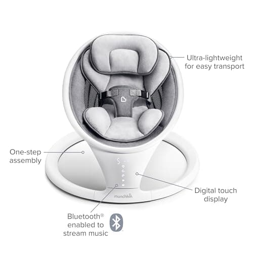 Munchkin Electric Baby Swing, Portable and Lightweight, Bluetooth Enabled Infant Rocker with Natural Sway in 5 Ranges of Motion, Newborn Nursery Essentials, White/Grey 5