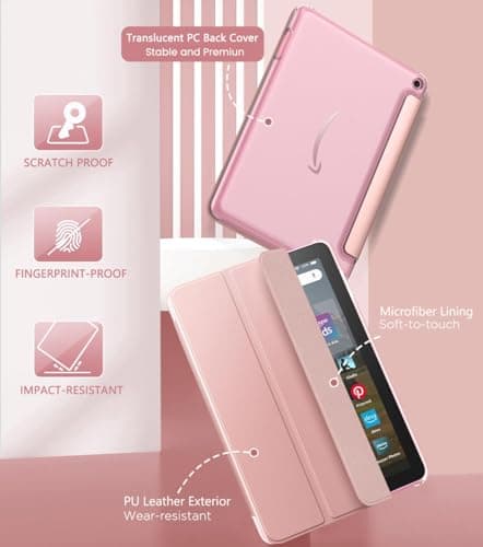 MoKo Case Fits All-New Amazon Kindle Fire HD 8 & 8 Plus Tablet(12th Generation/10th Generation, 2024/2022/2020 Release) 8",Trifold Stand Cover with Translucent Backshell with Auto Wake/Sleep,Rose Gold 3