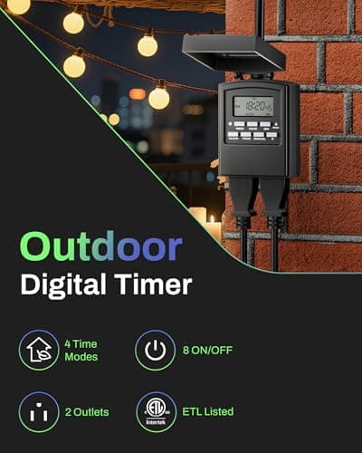 BN-LINK 7 Day Outdoor Heavy Duty Digital Programmable Timer, Outdoor Timer Outlet Waterproof, 2 Grounded Electrical Outlets for Christmas Lights, 15A 1/2HP,ETL Listed 2