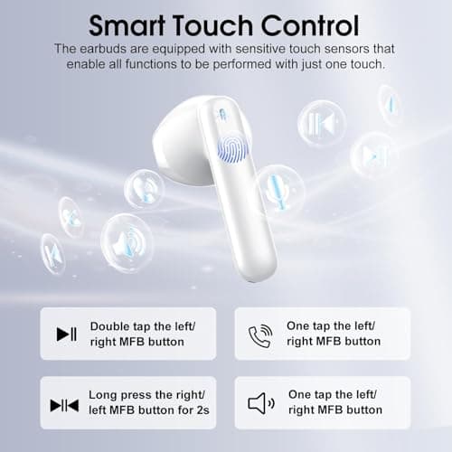 Wireless Earbuds, Bluetooth 5.4 Headphones with 3D Bass Stereo, Bluetooth Earbuds with 4 ENC Noise Cancelling Mic, 40H Ultralight In-Ear Buds USB-C LED, IP7 Waterproof Earphones for Android iOS, White 4