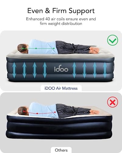 iDOO Queen Air Mattress with Built in Pump, 18 Raised Comfort Inflatable Blow up Mattress, Upgraded Four Chamber Portable Air Bed for Camping, Guests and Home, Colchon Inflable, 650 lbs Max 5