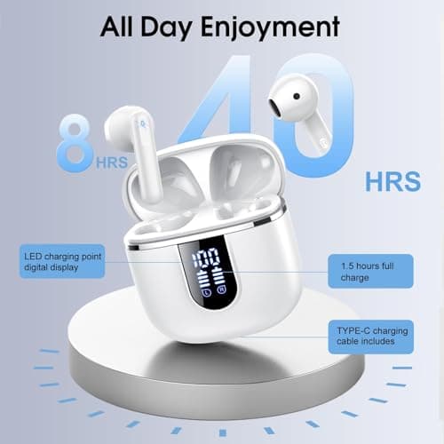 Wireless Earbuds, Bluetooth 5.4 Headphones with 3D Bass Stereo, Bluetooth Earbuds with 4 ENC Noise Cancelling Mic, 40H Ultralight In-Ear Buds USB-C LED, IP7 Waterproof Earphones for Android iOS, White 3