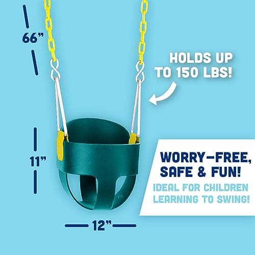 Original High Back Full Bucket Toddler Swing Seat with Plastic Coated Chains and Carabiners for Easy Install - Green - Squirrel Products 2